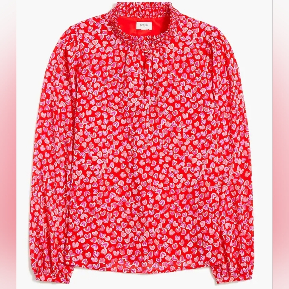 J. Crew Smocked keyhole Heart Print Top S
